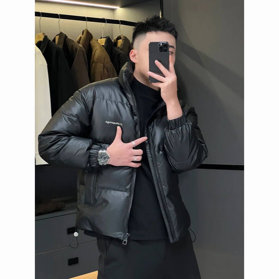 冬季加厚休闲PU皮衣羽绒服男立领短款纯色青年时尚宽松保暖外套男
