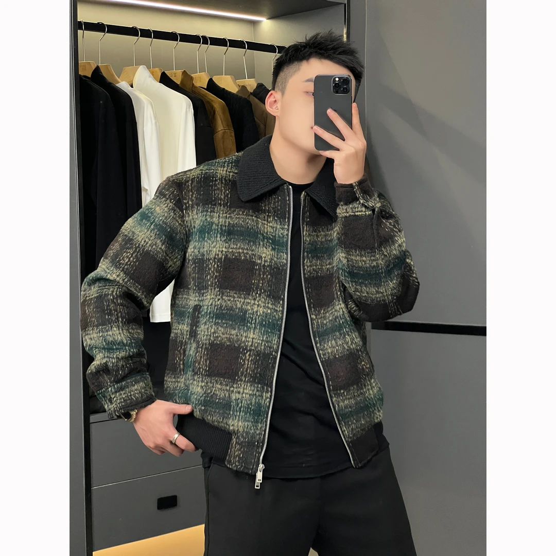 秋冬季毛呢夹克男短款宽松复古时髦风撞色格子翻领休闲时尚外套男