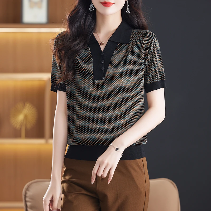 2024夏季新款气质显瘦洋气时尚百搭七彩复古针织短袖衫B83358