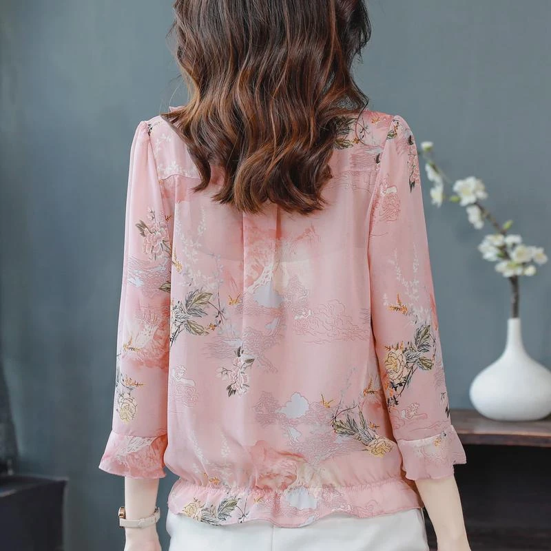 妈妈遮肚子雪纺衫2024早秋新款荷叶边碎花中袖上衣女七分袖衬衫女