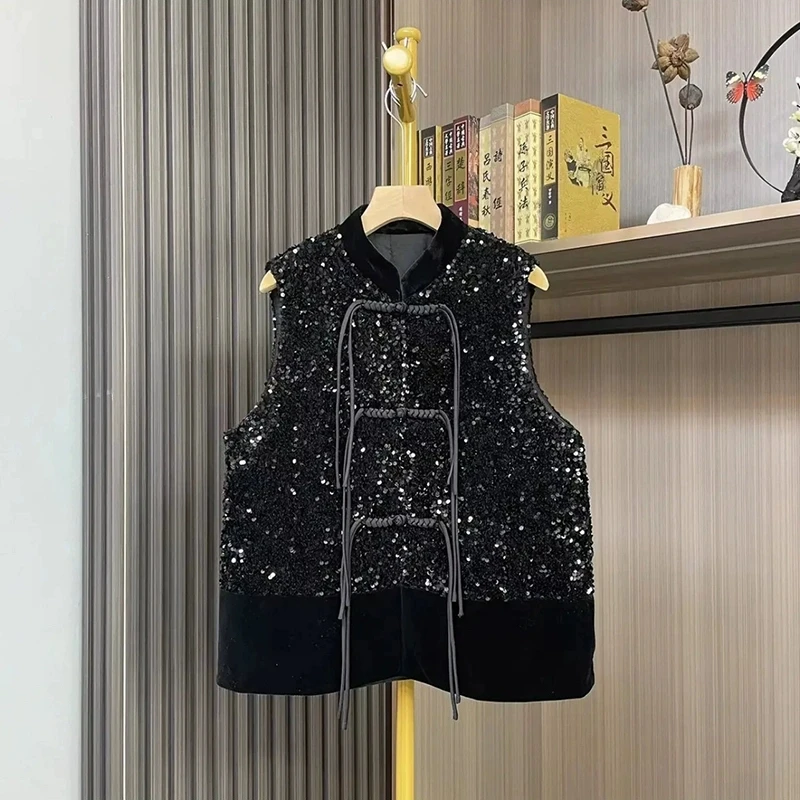 2024秋冬新款国风新中式重工流苏盘扣立领黑色丝绒亮片马夹女