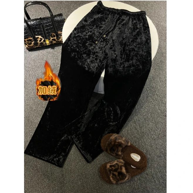 深秋冬新款抽绳钻石绒加绒加厚窄版阔腿裤修身显瘦百搭直筒裤女