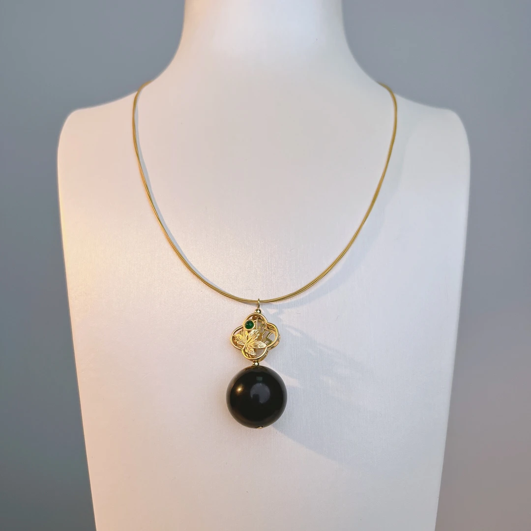 藏景阁珠宝 18+缅甸天然翳珀吊坠项链时尚气质复古精美百搭黑色