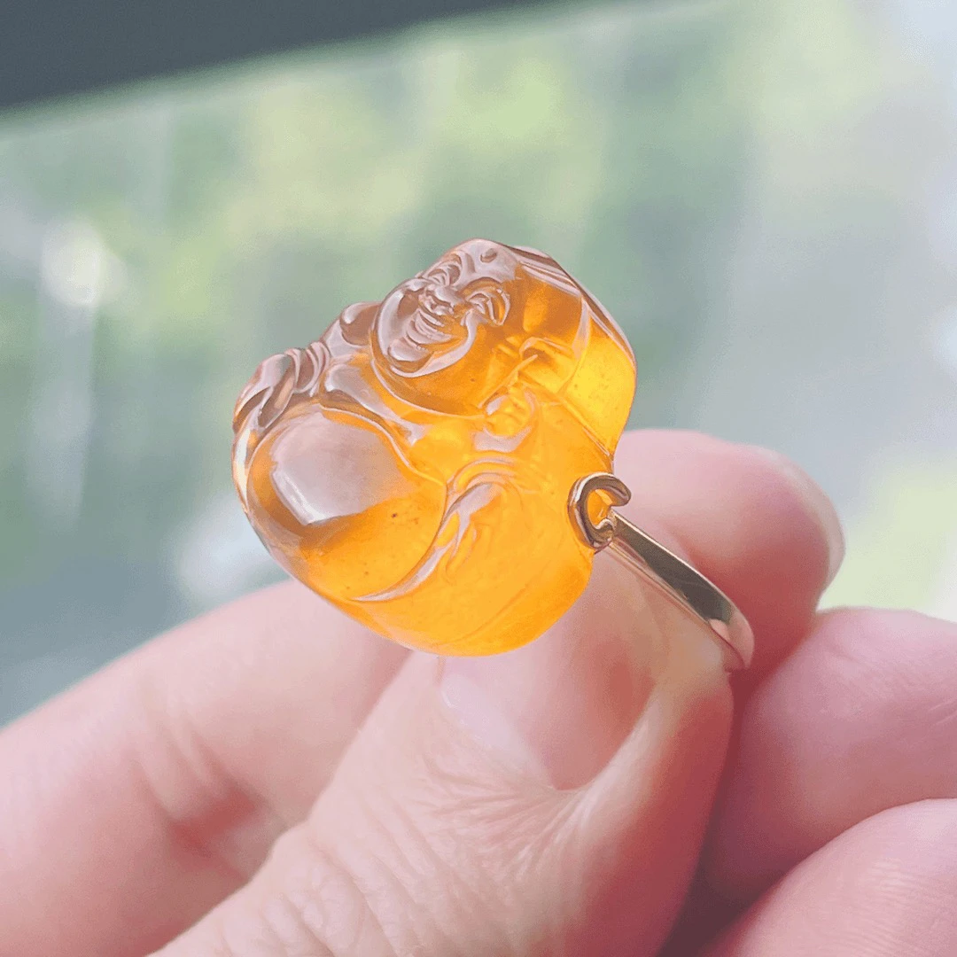 藏景阁珠宝缅甸血蜜琥珀活口佛公戒指气质时尚复古高冰