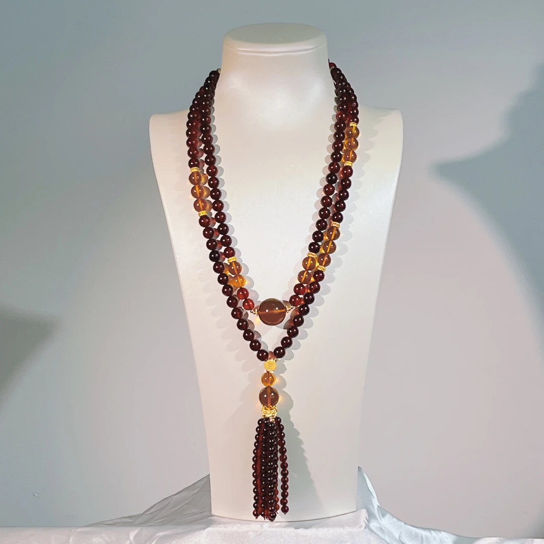 藏景阁珠宝8+缅甸琥珀圆珠108珠多用项链手串时尚气质一款三用