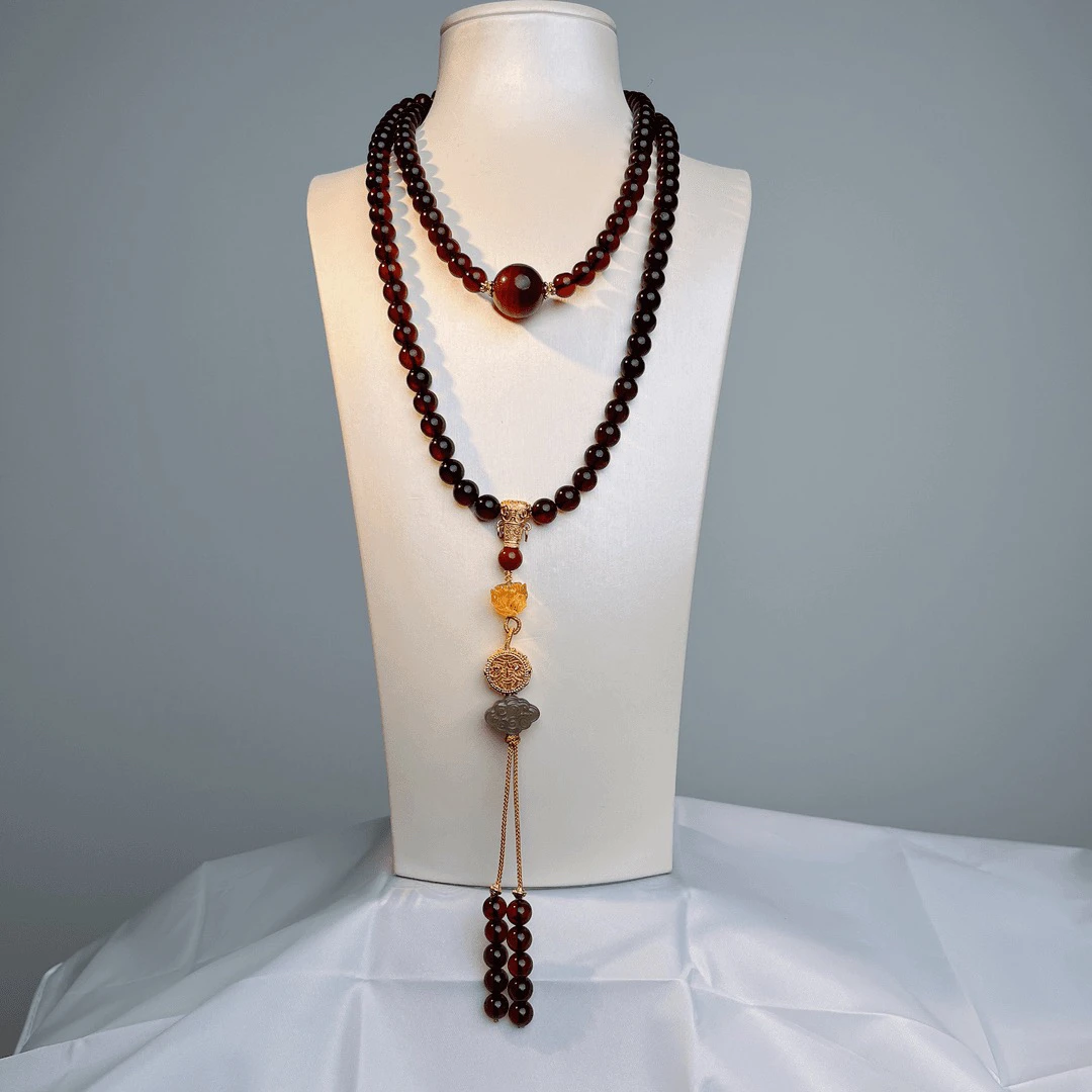 【藏景阁】缅甸翳珀8+108珠配茶珀设计气质时尚百搭毛衣链