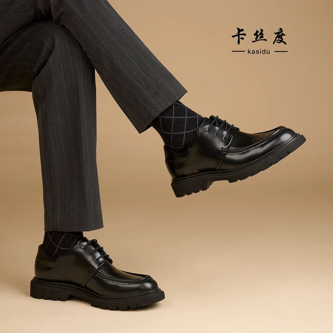 2024秋季新款男士厚底增高系带真皮商务休闲皮鞋时尚百搭黑色皮鞋