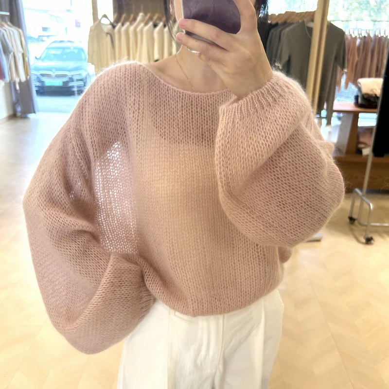 温柔简约灯笼袖氛围感粉色马海毛针织衫女秋季宽松慵懒风短款毛衣