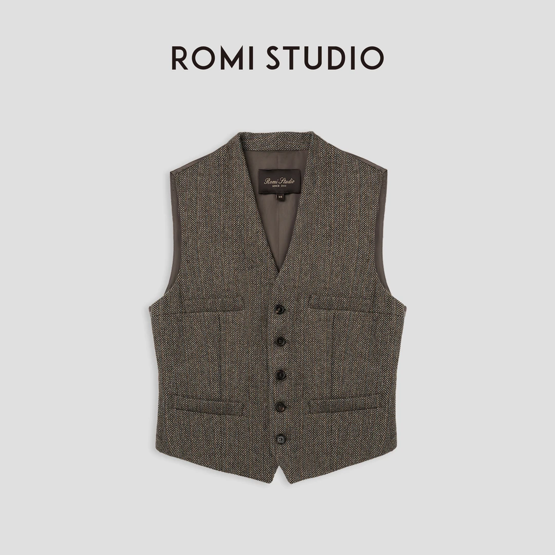 ROMI STUDIO“棕标系列”早秋羊毛混纺英伦复古人字纹时尚马甲W3287