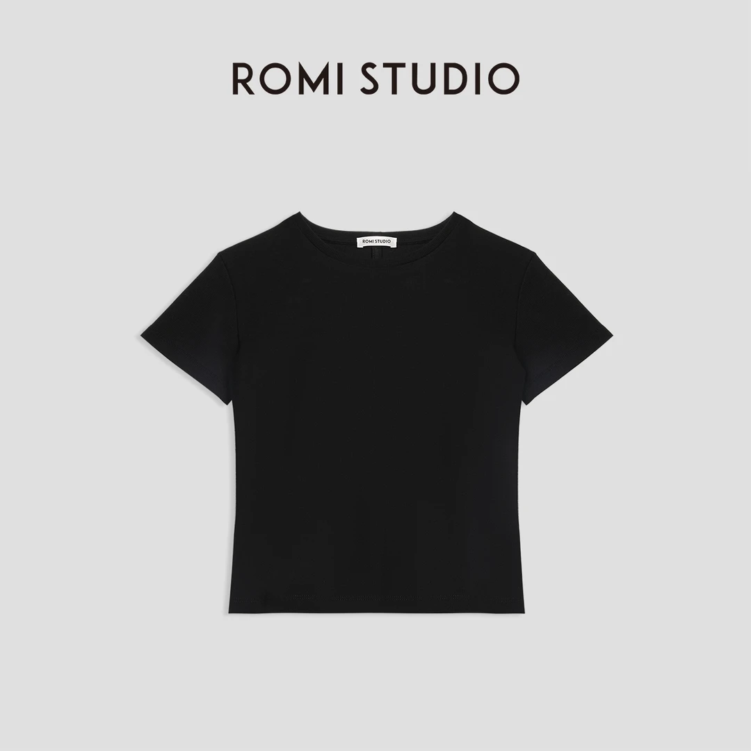 ROMI STUDIO“夏日旅行箱”薄款透气防晒细坑条黑色短袖t恤T3859