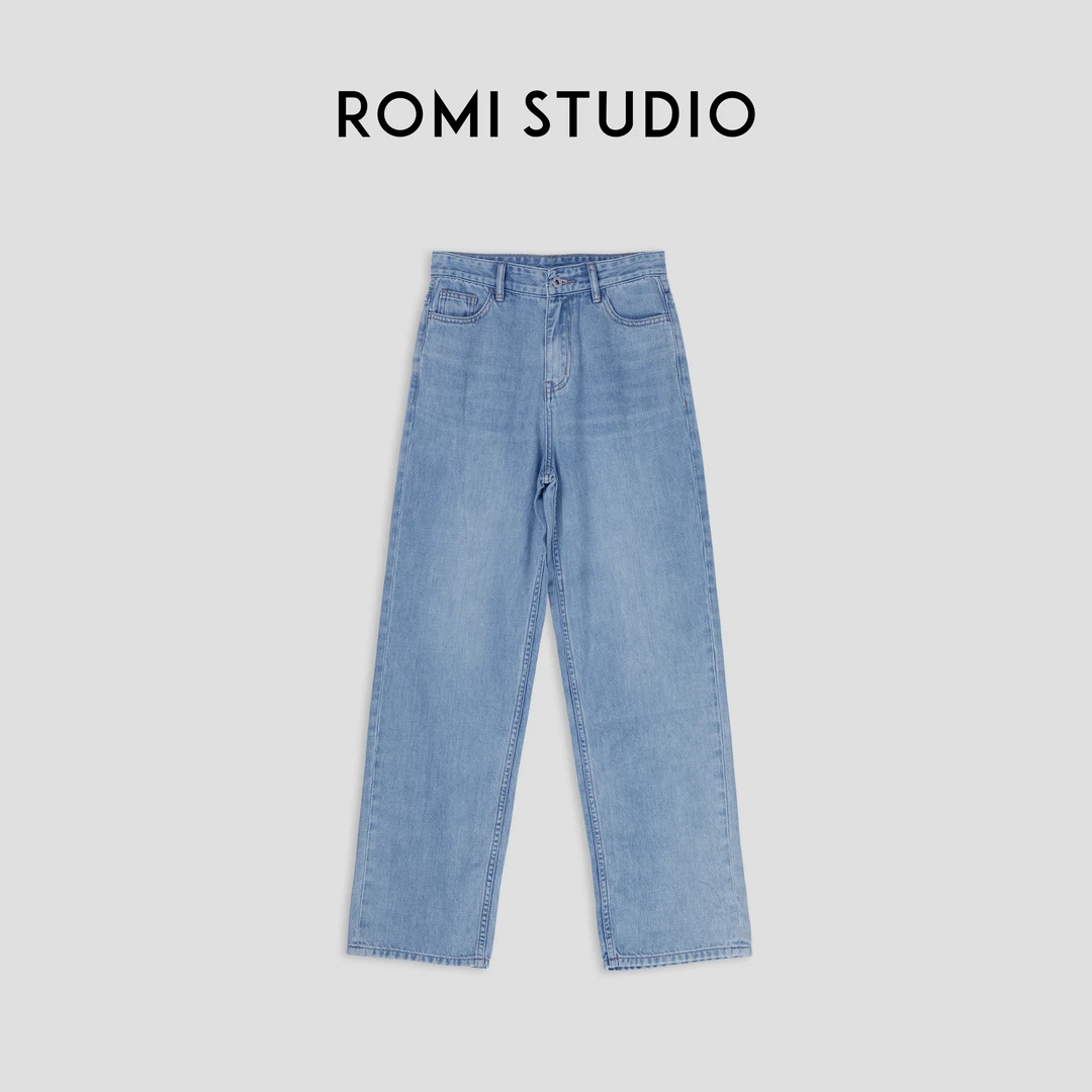 ROMI STUDIO“随性简约”高腰百搭宽松直筒显瘦蓝色牛仔裤23AWN303
