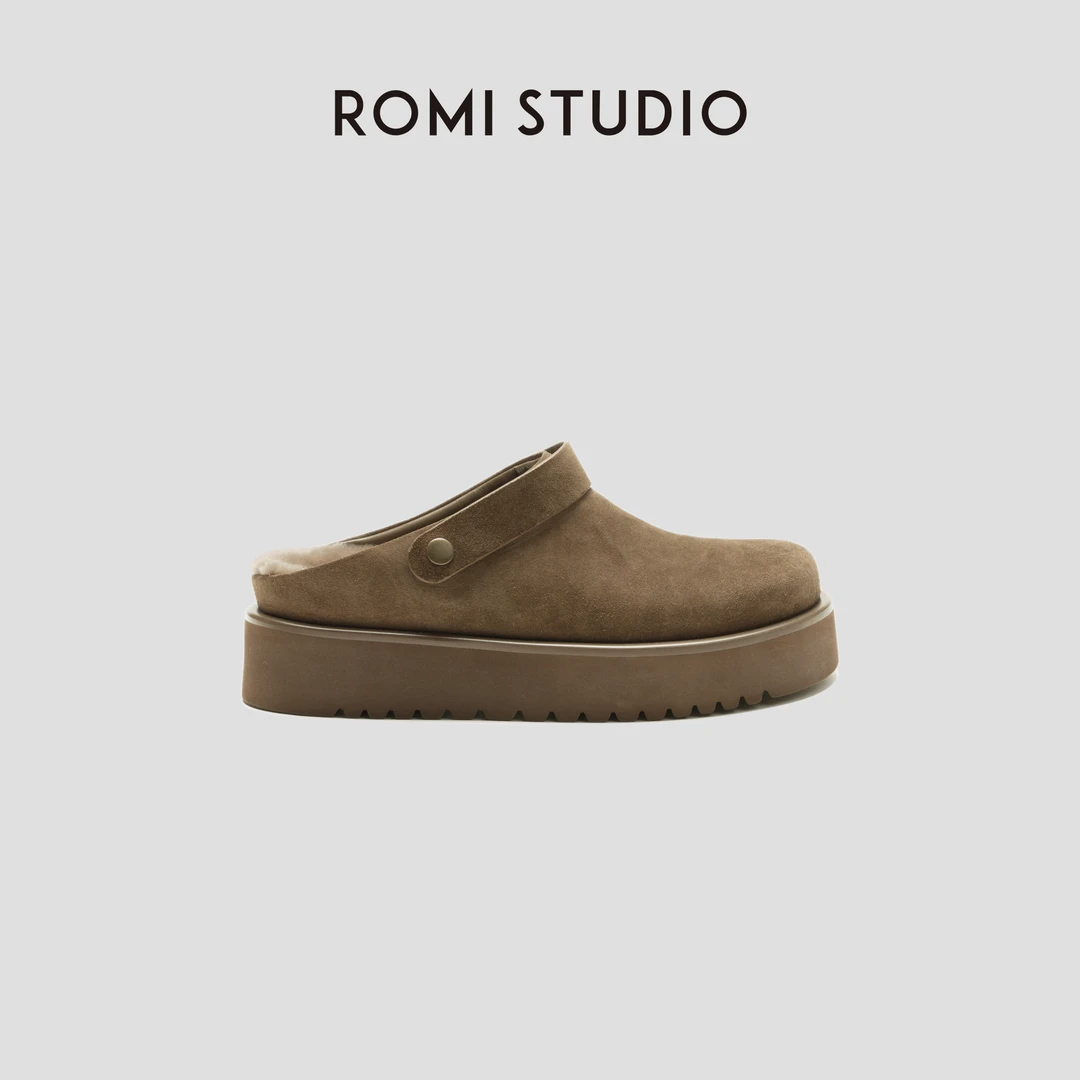ROMI STUDIO“复古随性”牛皮反绒勃肯包头一脚蹬毛毛鞋23AWS070