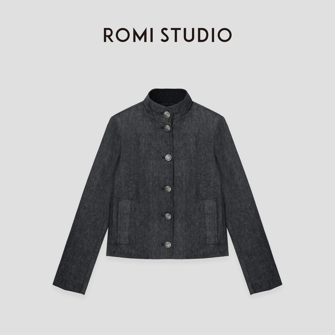 ROMI STUDIO"棕标系列"100%棉立领单排扣藏蓝色牛仔外套23AWN385
