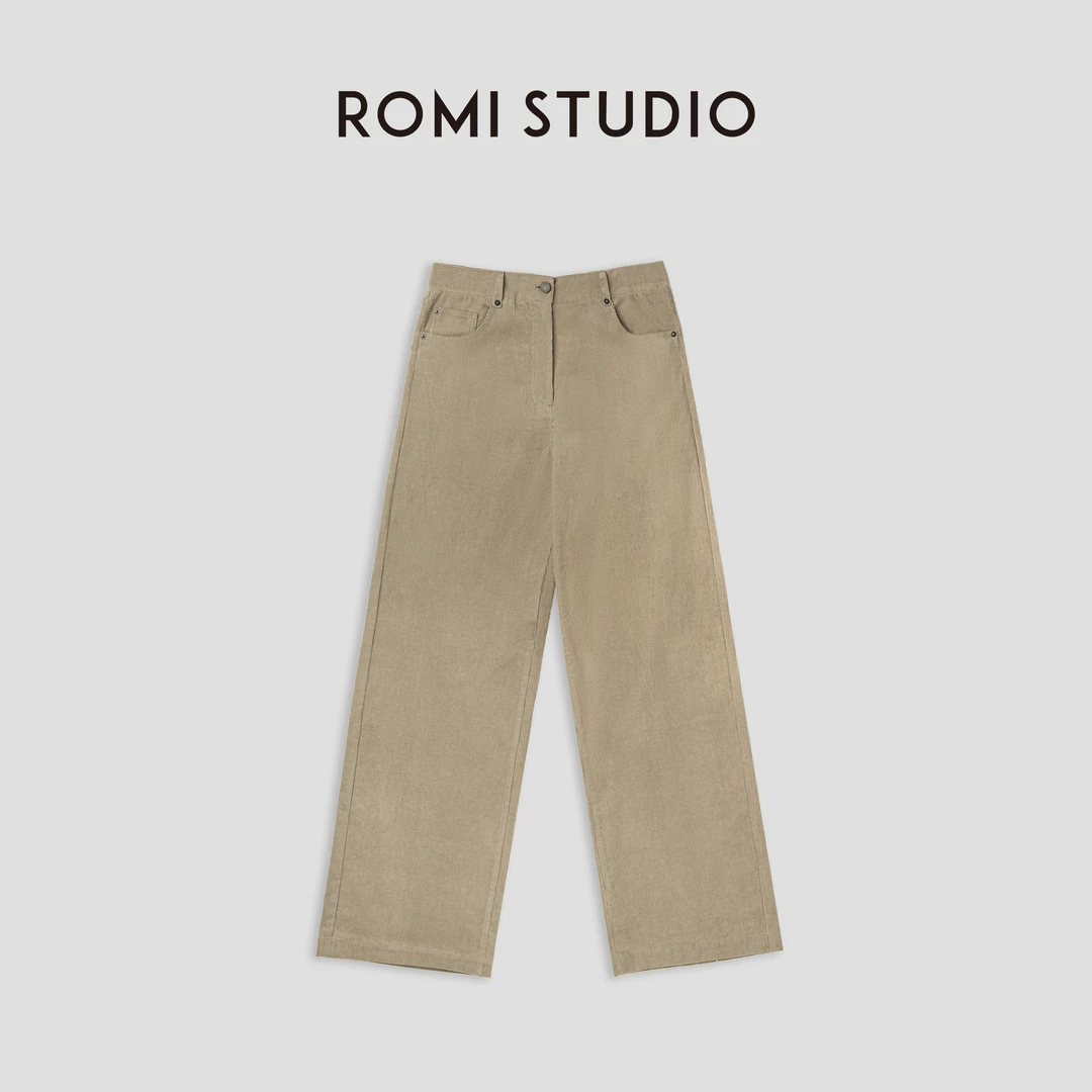 ROMI STUDIO“秋冬美拉德”腔调穿搭高腰卡其灰灯芯绒西裤23AWK297