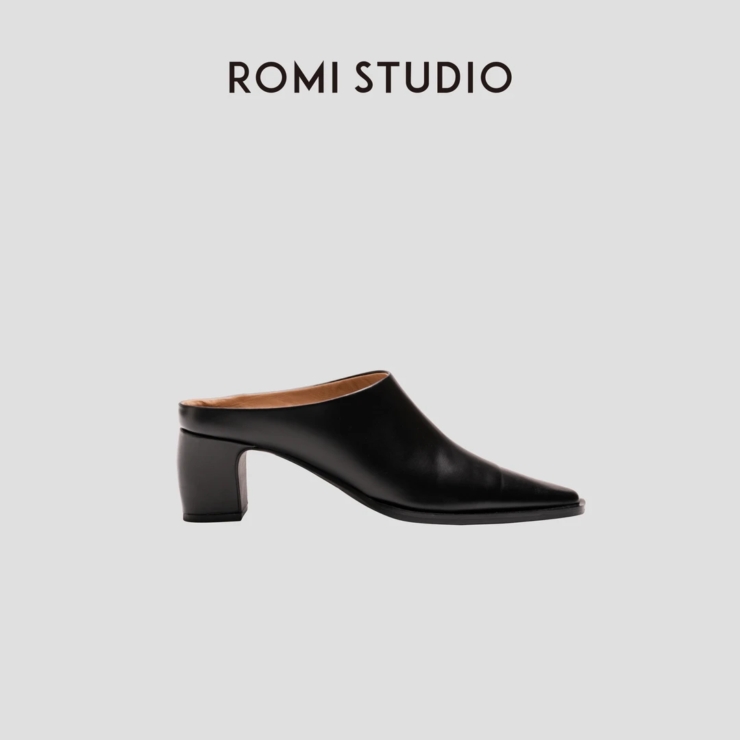 ROMI STUDIO“经典升级”复古英伦包头粗跟小方头穆勒拖鞋23AWS008