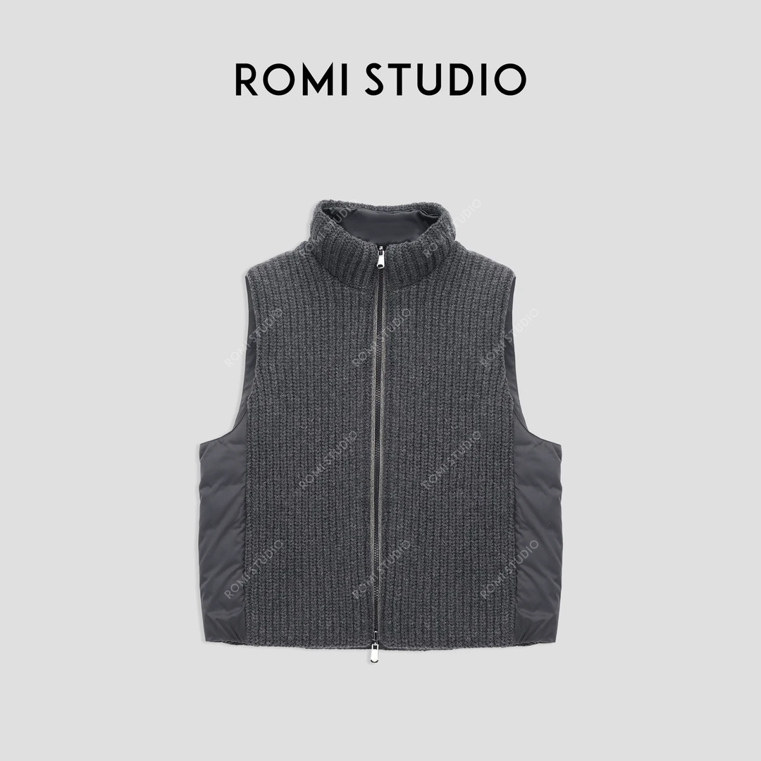 ROMI STUDIO“两面穿”100%羊绒深灰针织白鹅绒马甲23AWW1377