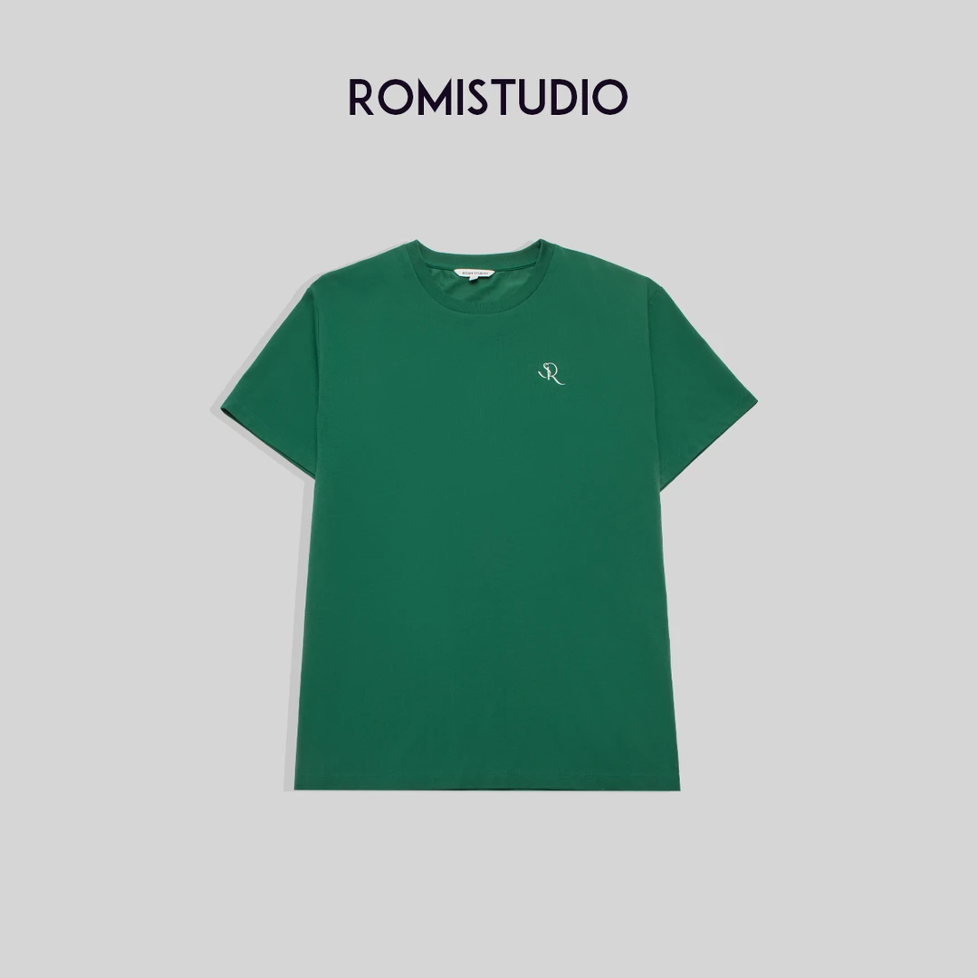 ROMI STUDIO“随手穿”系列 薄款圆领手工印花橄榄绿短袖t恤T3189