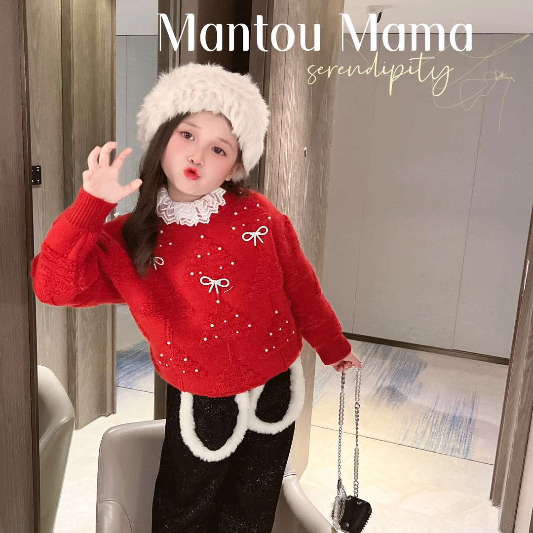 【Mt studio】【现货】冬季女童圣诞红色精致钉珠蝴蝶结保暖百搭毛衣