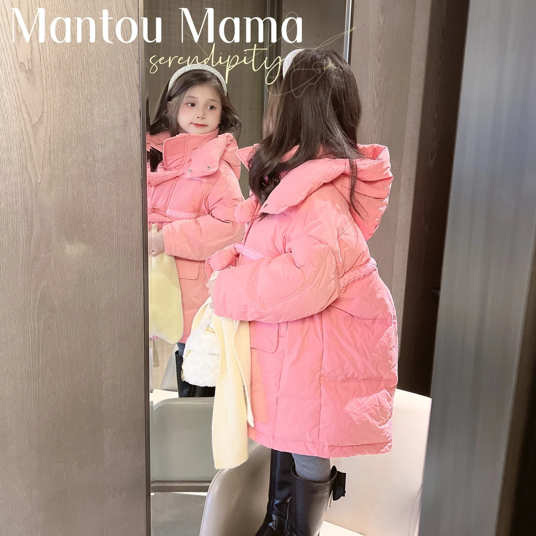 【Mt studio】冬季女童粉嫩新国标90白鸭绒保暖洋气连帽长款羽绒服