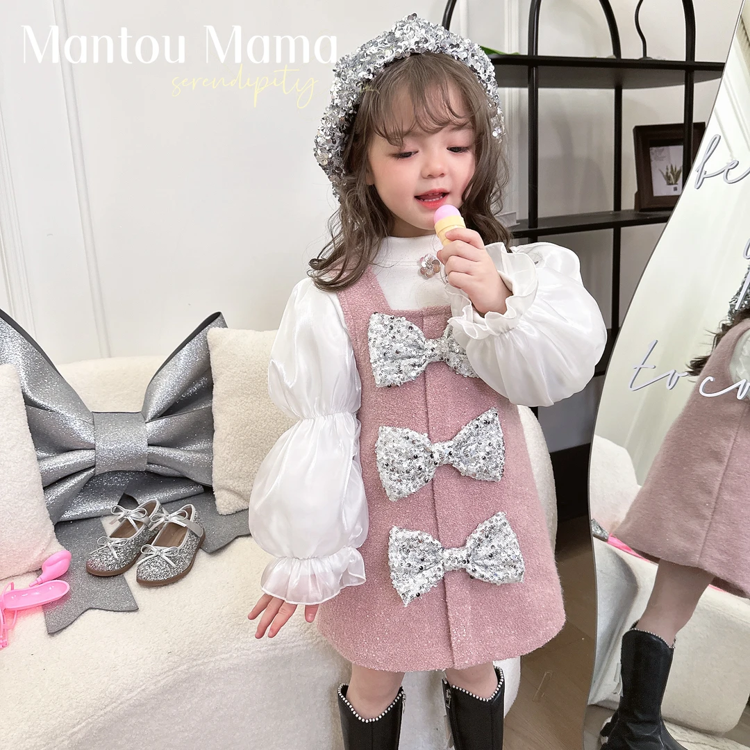 【Mt studio】【新年款】精致背心裙女童冬季亮片蝴蝶结甜美毛呢百搭