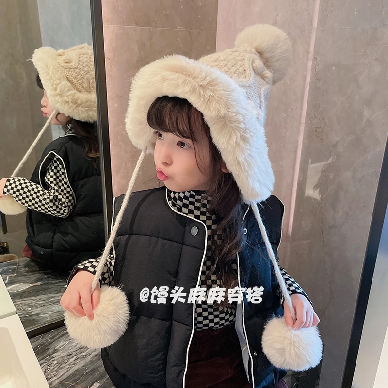 【Mt studio】【新款】儿童加厚保暖毛绒护耳毛球针织毛线帽百搭雪地