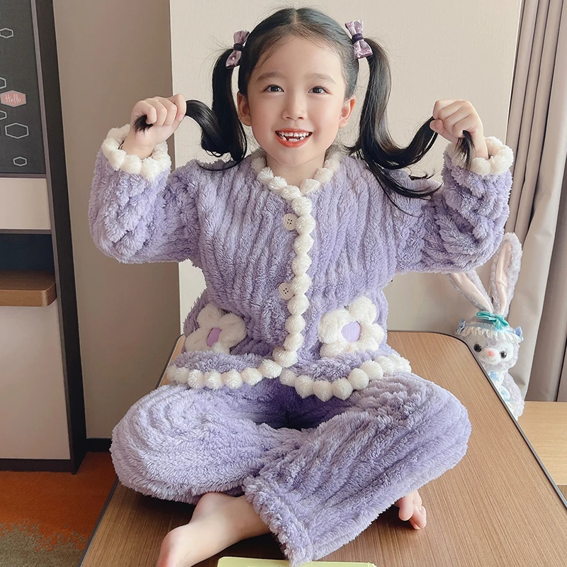 2024新款女童睡衣冬款珊瑚绒加厚秋季儿童法兰绒中大童女孩家居服