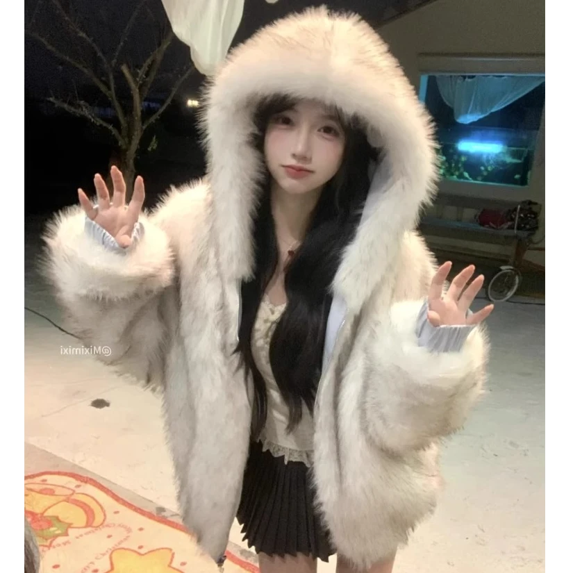 蓝色两面穿猫耳朵连帽毛绒外套女秋冬季加绒加厚慵懒宽松棉服上衣