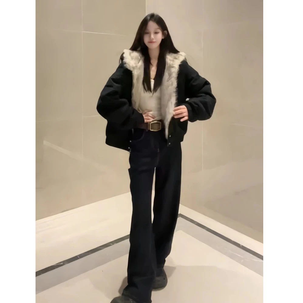 毛茸茸领连帽棉服外套男女保暖美式街头2024冬季高级感派克服棉衣