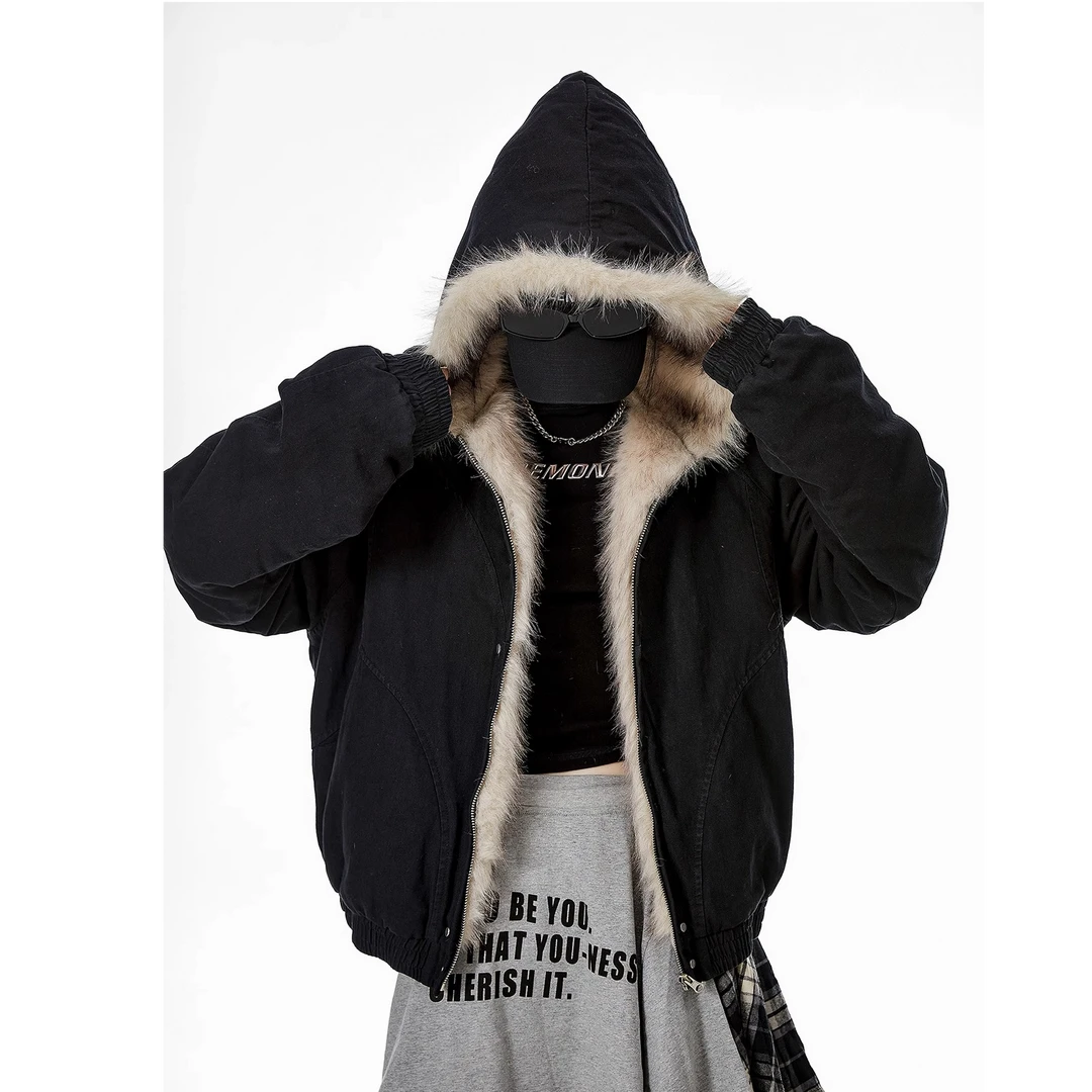 【5折现货】2024冬季加厚保暖仿狐狸毛座山雕连帽棉服外套男女棉衣