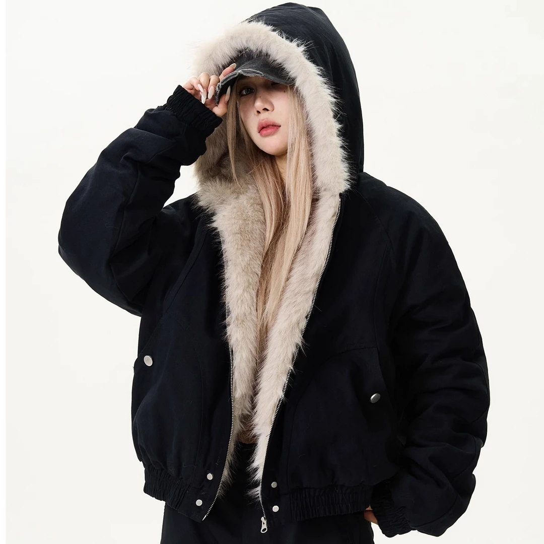 MaxDstr美式复古座山雕毛领连帽棉服棉衣男女短款冬季加厚外套ins