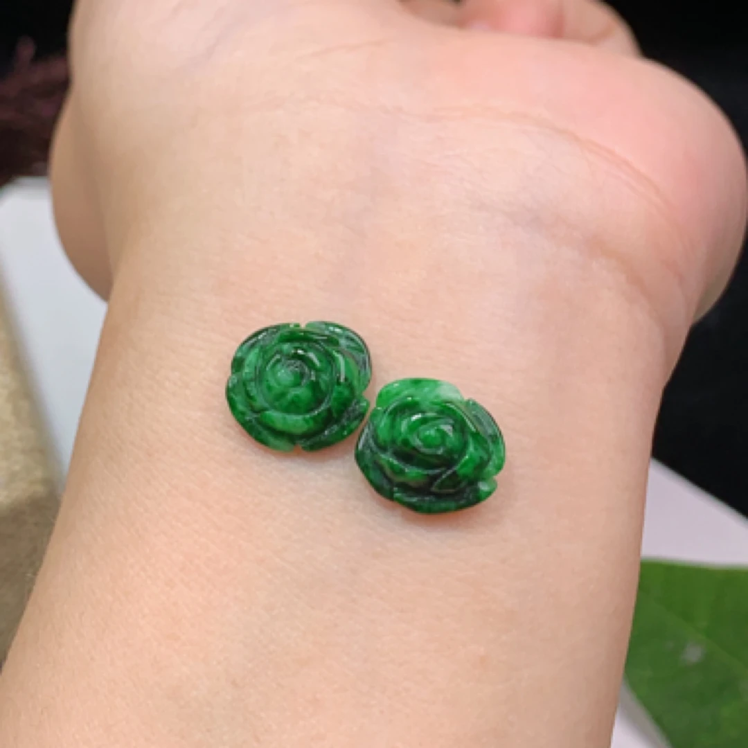 天然翡翠A货辣绿玫瑰花戒面蛋面耳钉