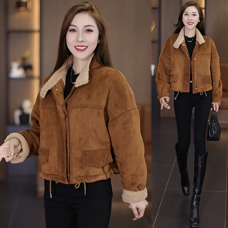 皮毛一体冬季新款加绒外套2024宽松休闲时尚洋气冬装显瘦百搭上衣