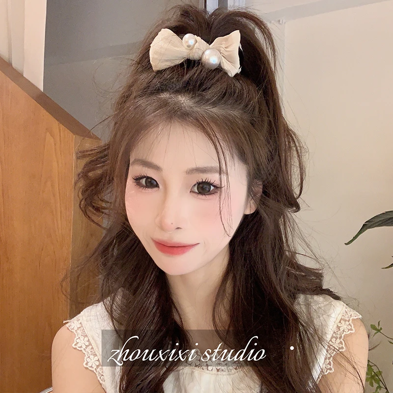 优雅珠珠蝴蝶结丸子抓夹女甜美气质盘发高马尾发夹