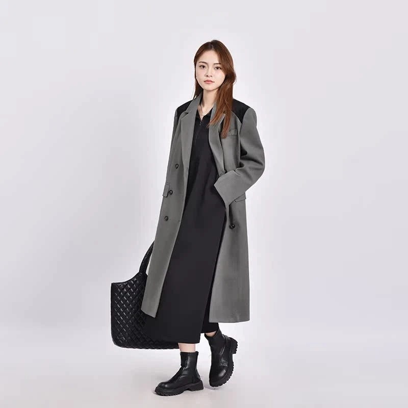 【工厂尾单】毛呢西装大衣男女冬款高级感撞色拼接正肩直筒长款外套