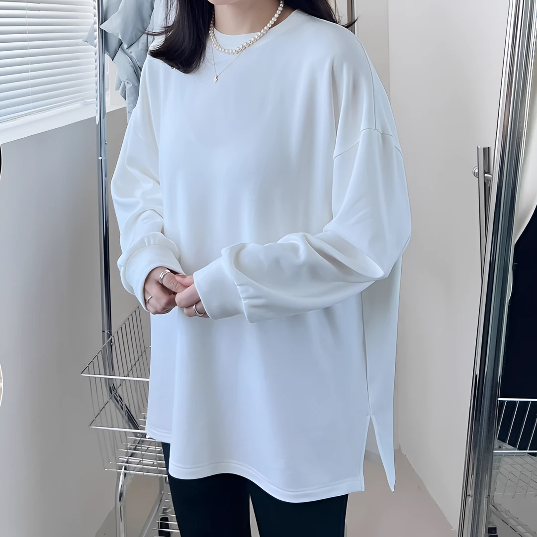 陈姬儿白色垂感收口袖圆领果冻T女秋冬韩版时尚休闲打底上衣9970