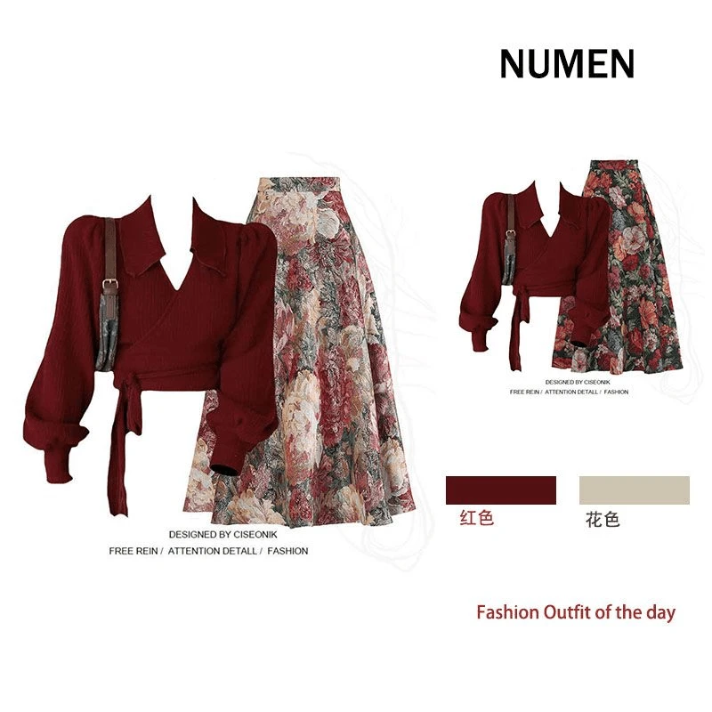 秋季2025新款复古酒红色绑带上衣配气质碎花半身裙胖MM两件套