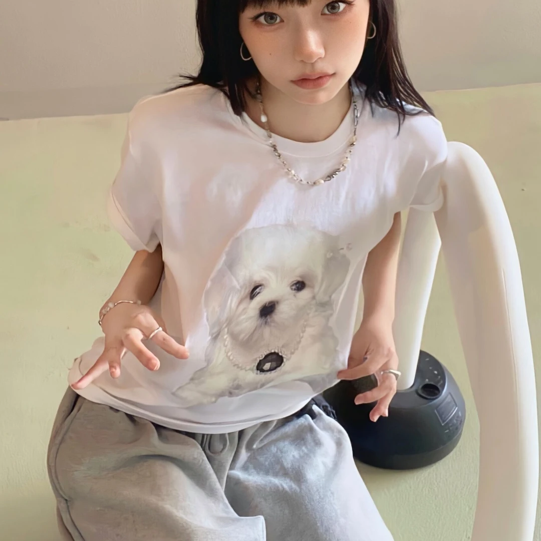韩系可爱小狗短袖T恤纯棉复古上衣印花重磅百搭夏季宽松动物ins女