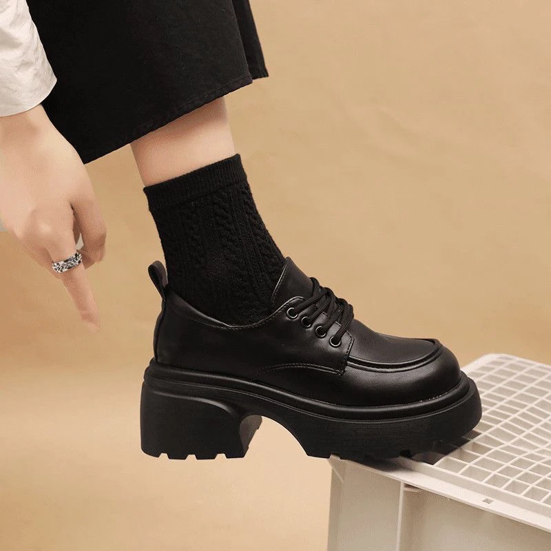 小皮鞋2024新款秋款女鞋厚底高跟英伦风黑色系带百搭乐福jk鞋子女