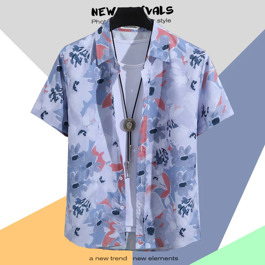夏威夷花衬衫男泰国风餐厅短袖衬衫复古潮流痞帅度假沙滩宽松衬衣