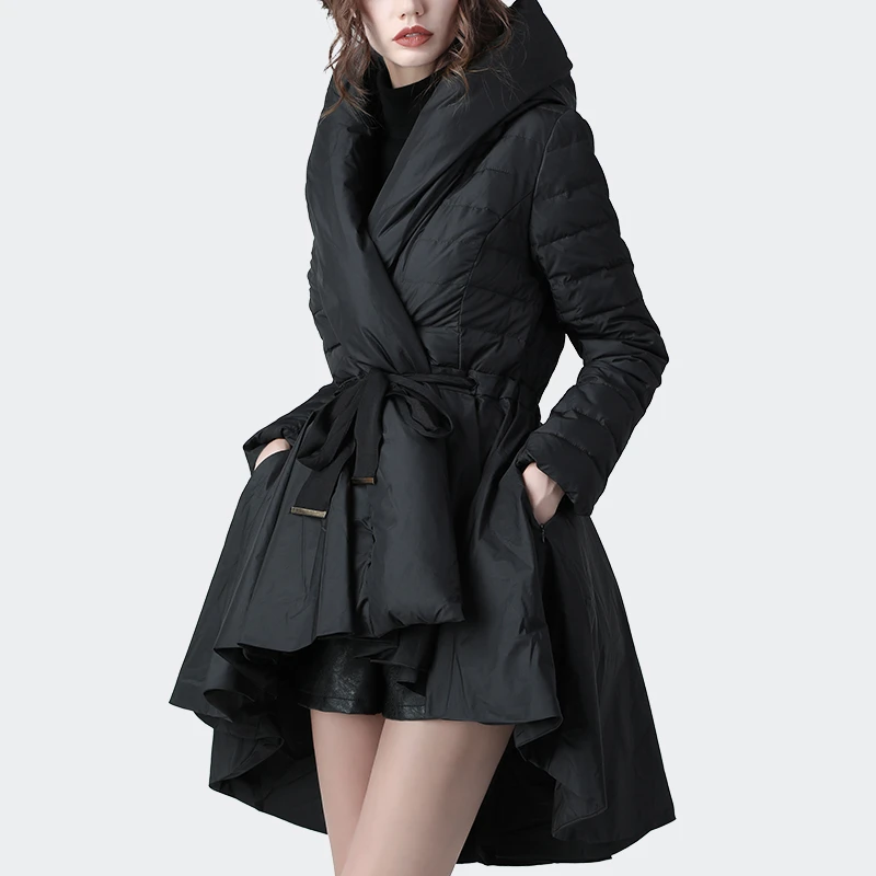 欧货保暖羽绒服女中长款收腰外套加厚洋气秋冬白鸭绒不规则WC8150