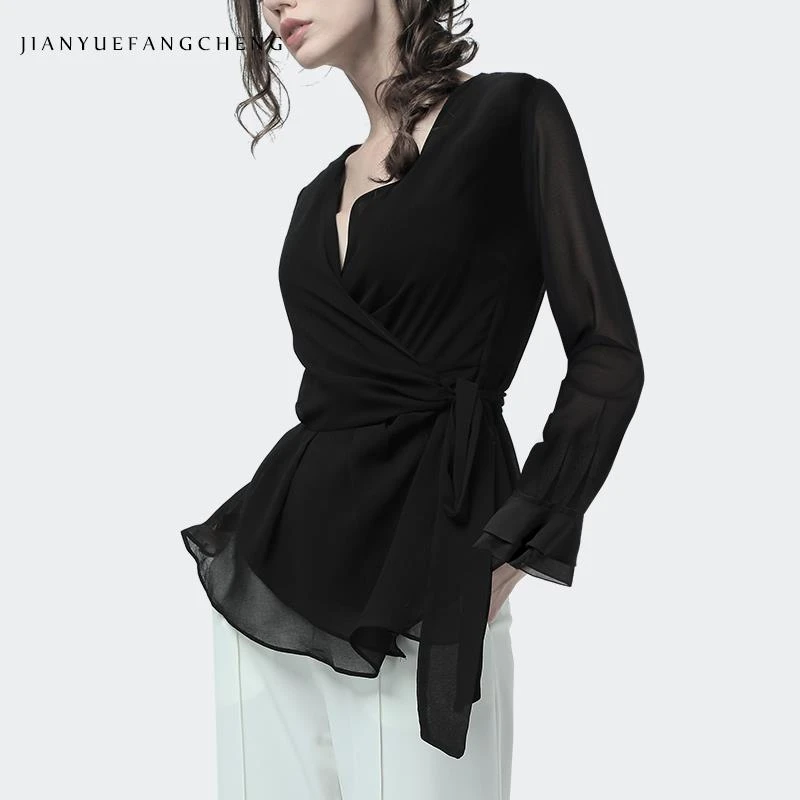 欧洲站2024秋装法式收腰显瘦纯色气质雪纺衫上衣女洋气SH243626