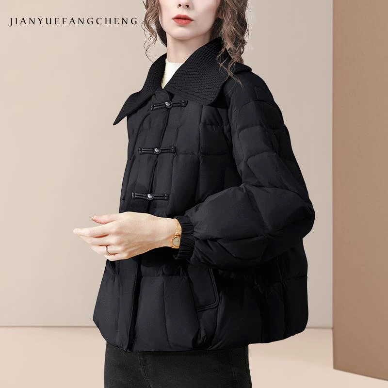 可定制2024冬保暖羽绒服外套女毛衣领宽松白鸭绒盘扣羽绒WK22607