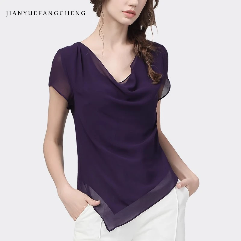 欧洲站雪纺上衣女夏短袖气质不规则紫色显瘦v领洋气小衫SC15596