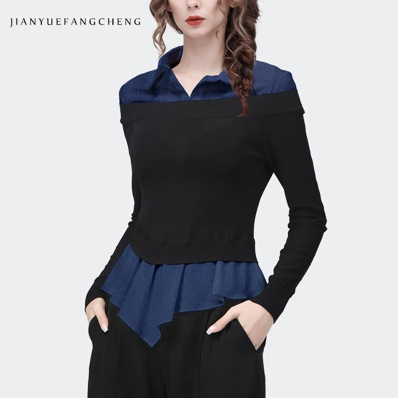 欧洲站秋装设计感牛仔拼接针织上衣修身显瘦打底衫衬衫SH243592