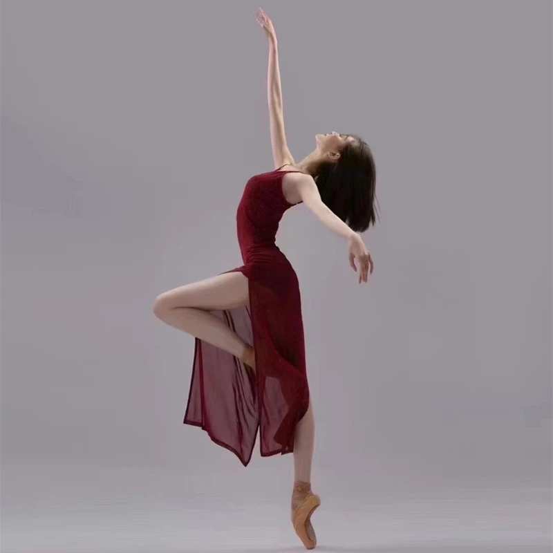 SOSO古典舞纱裙纯色高腰套头原创舞者连体练功裙闪光飘逸吊带长裙