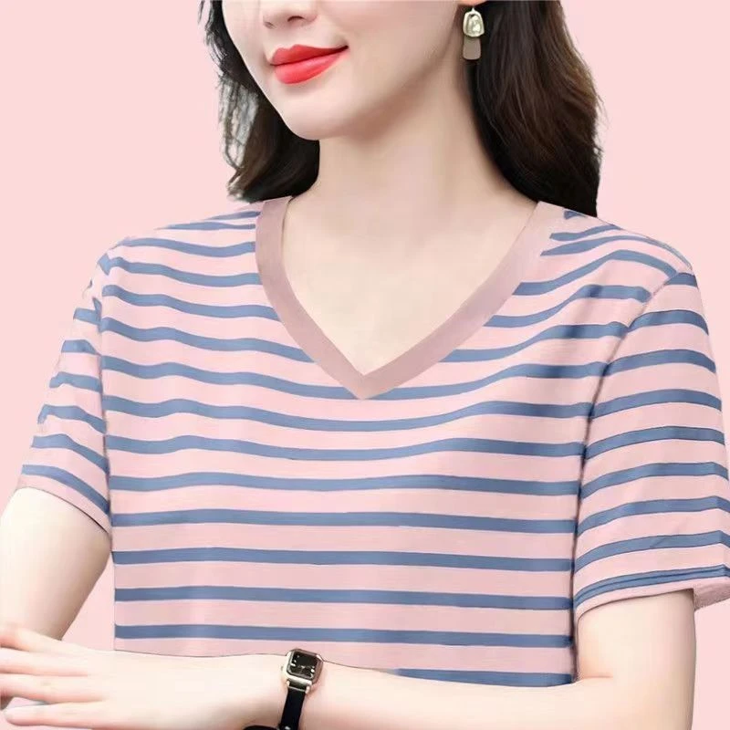 高档纯棉条纹短袖V领女士t恤夏季新款时尚宽松遮肉上衣半袖体恤