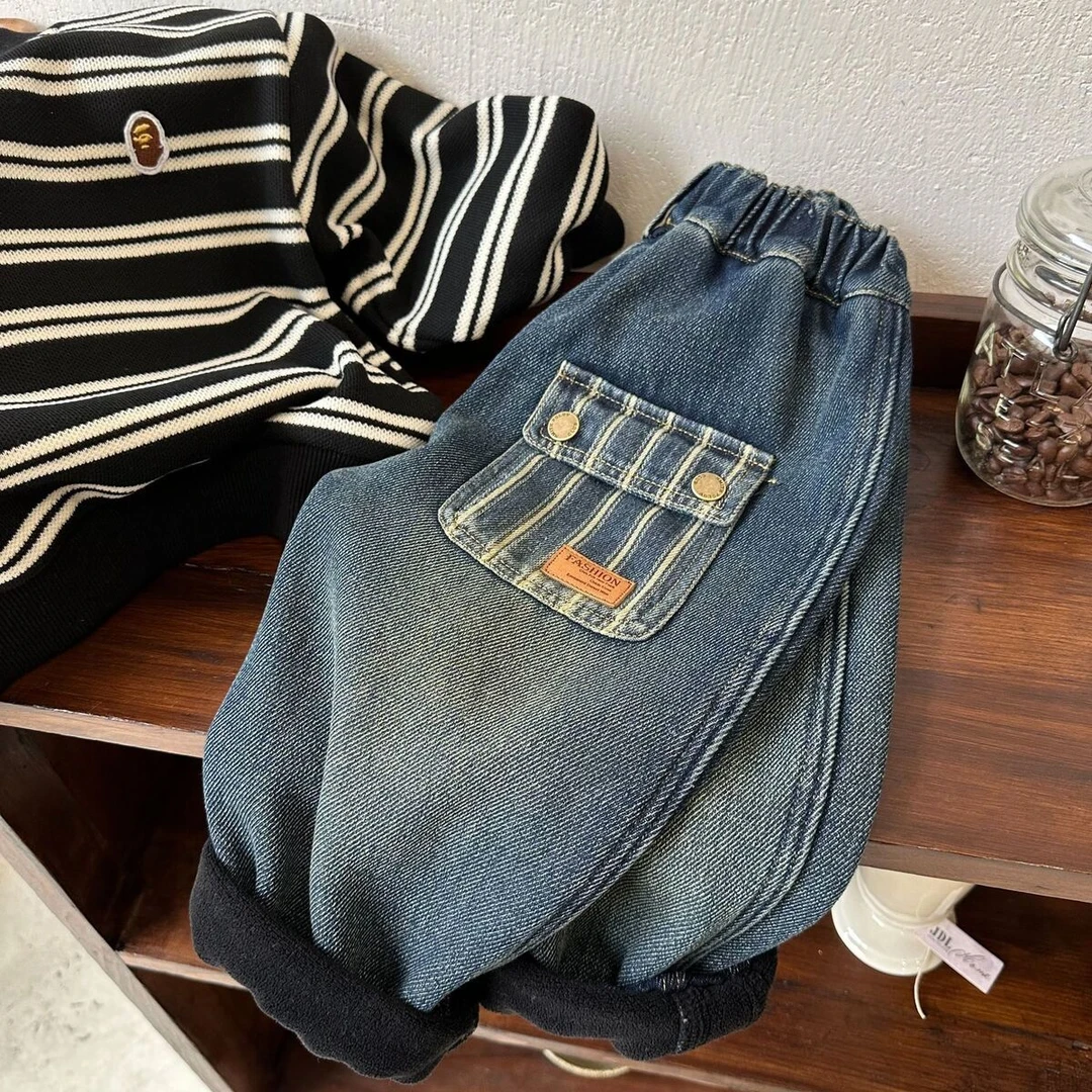 新品洋气休闲儿童牛仔裤秋冬季男女童加厚抓痕长裤宝宝个性弹力裤