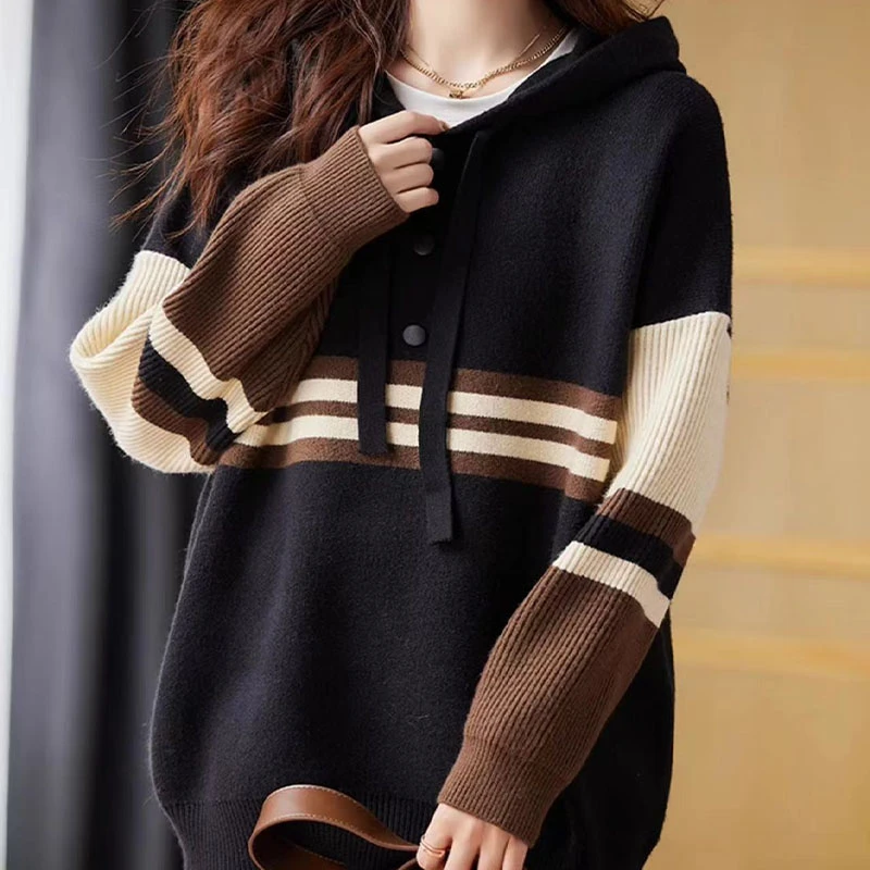 春秋毛衣洋气针织连帽宽松韩版秋冬大码时尚百搭打底条纹外穿