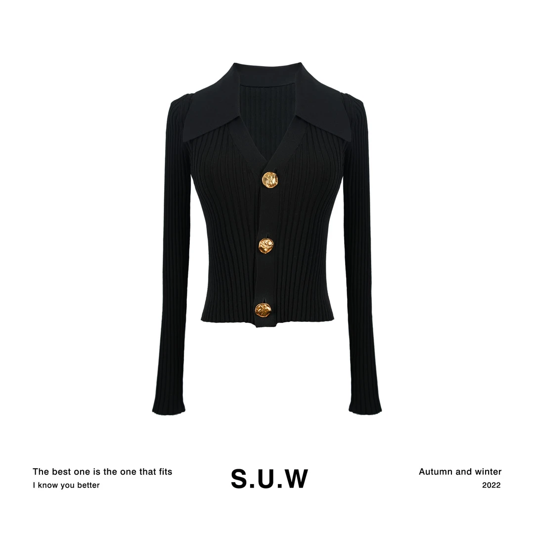 S.U.W 凘优维 2023新款 黑色针织衫 长袖显瘦修身 纯色名媛风上衣