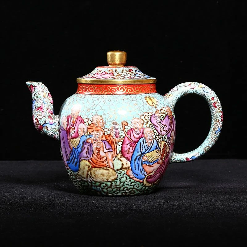 宜兴独孔500c万花彩珐琅彩描金十八罗汉宫灯壶